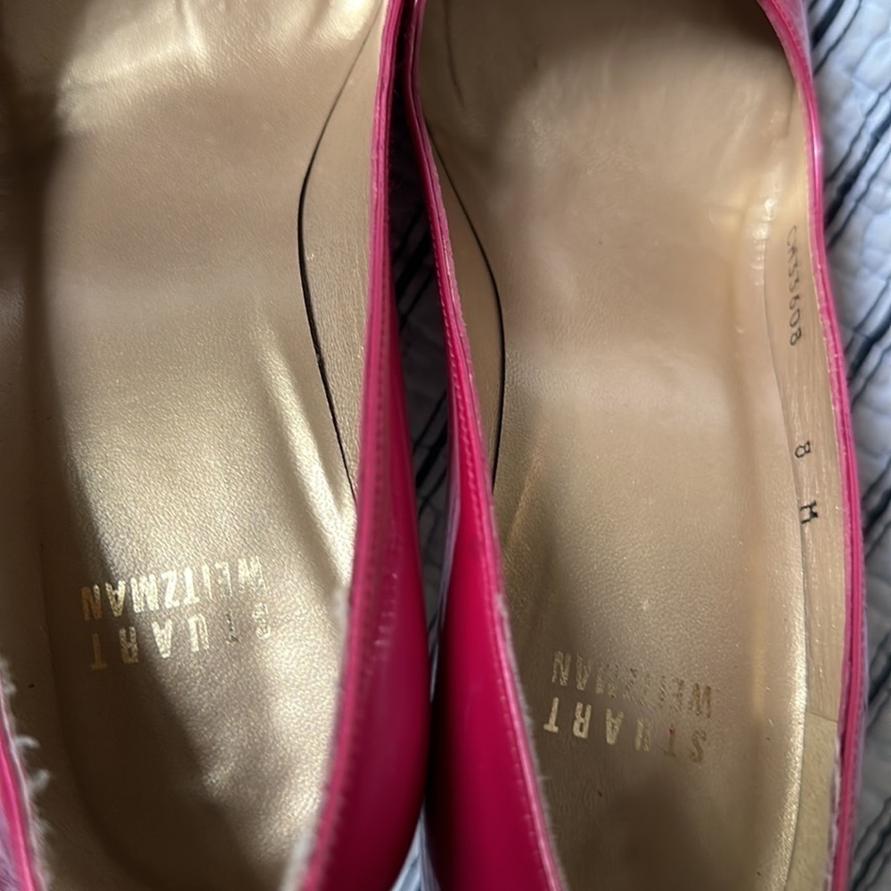😊Stuart Weitzman Womens Metallic Pink Patent Leather Open Toe Pumps size… - Picture 15 of 16